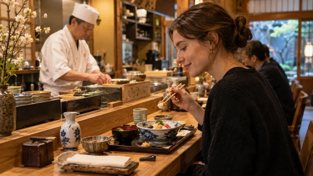 First-time visitor dining at a local restaurant in Japan