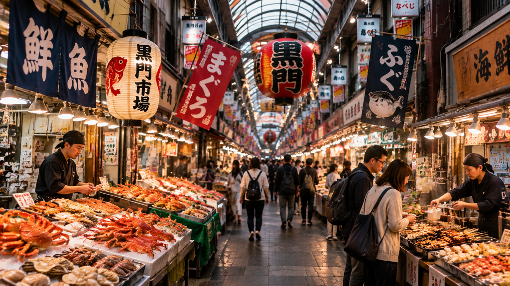 Kuromon Ichiba Market food stalls in Osaka