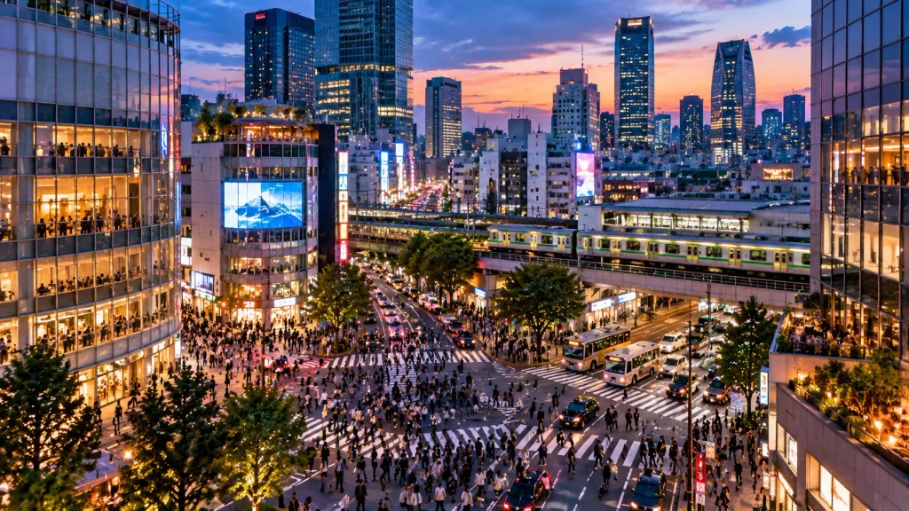 Modern Tokyo neighborhoods and city life in Japan