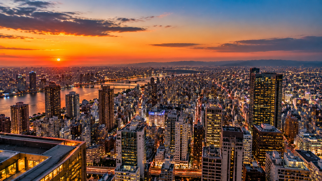 Panoramic Osaka skyline at sunset