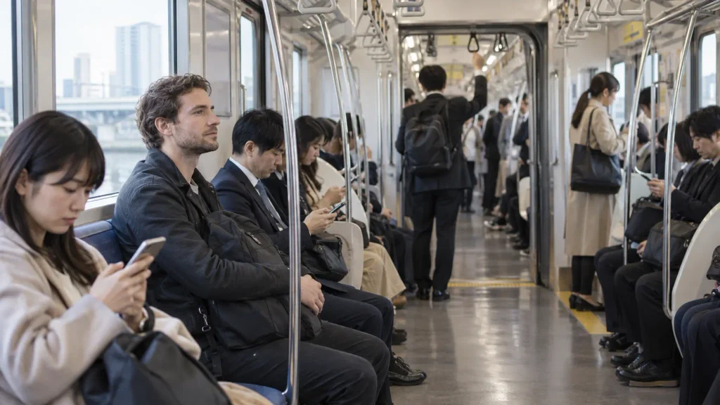 Quiet public transport etiquette on a train in Japan
