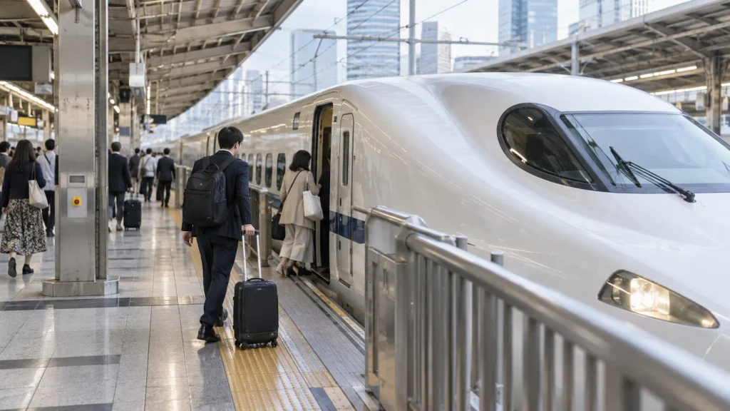 Traveler boarding a Shinkansen bullet train in Japan