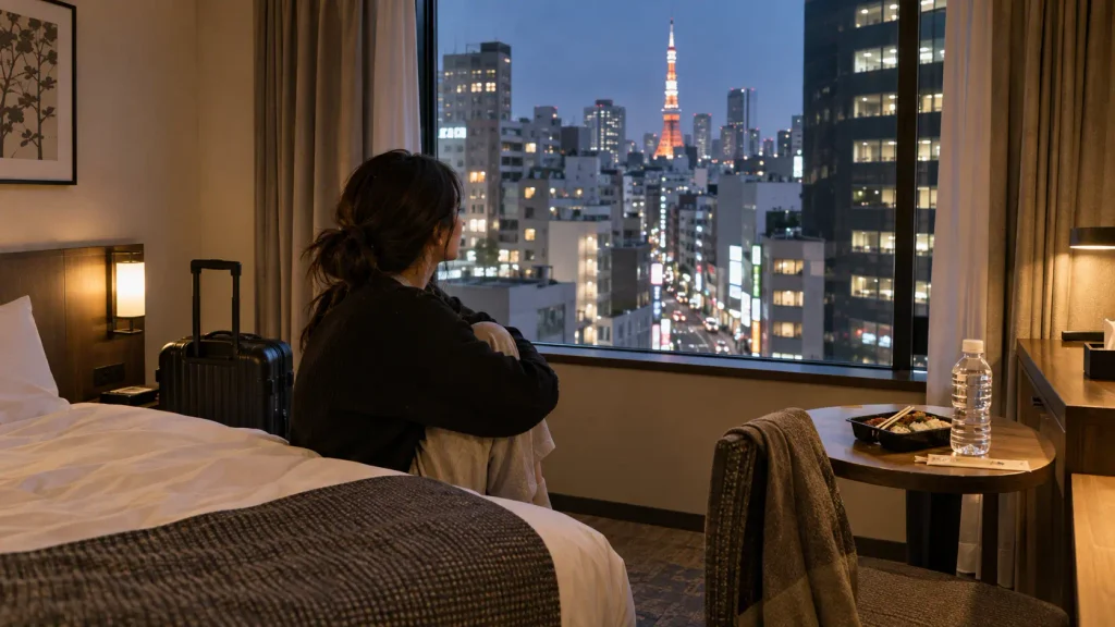 Traveler spending their first evening in Tokyo Japan