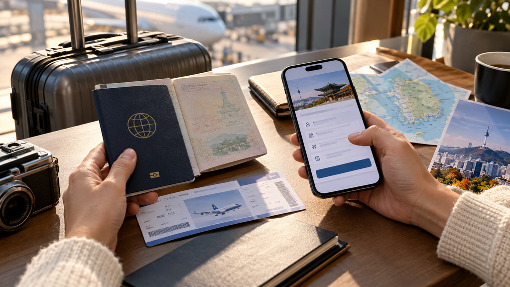 Traveler preparing documents before flying to South Korea