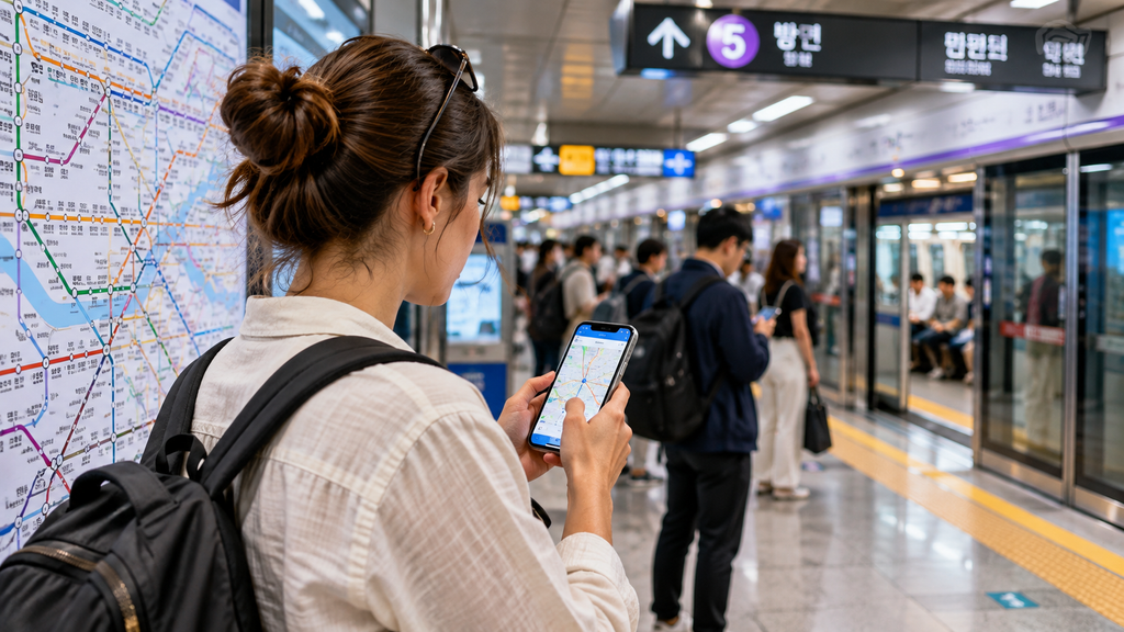 Traveler using smartphone to navigate Seoul subway