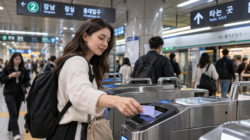 Traveler using transport card at Seoul subway station