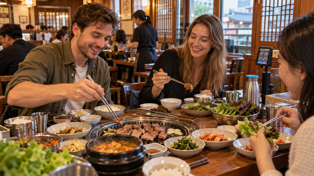 Travelers eating traditional Korean food at a Seoul restaurant