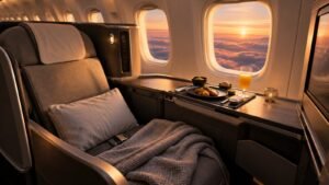 Business class vs first class: lie-flat airline seat with meal at sunset