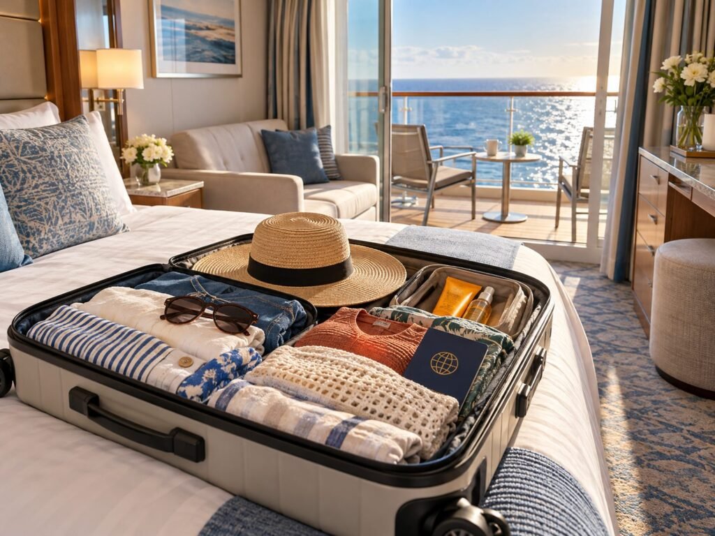 Cruise packing list essentials in an open suitcase in a balcony cabin