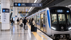 Modern subway train at a Seoul station showing public transportation in South Korea.