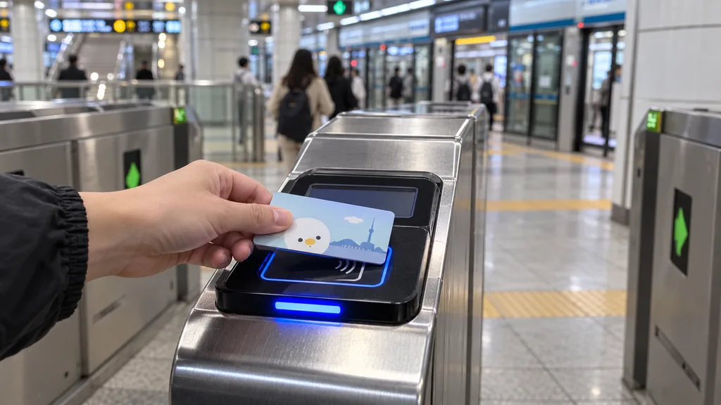 Tourist tapping a rechargeable transportation card at a Seoul subway ticket gate.