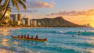 Things to do in Oahu: Waikiki Beach and Diamond Head at sunset